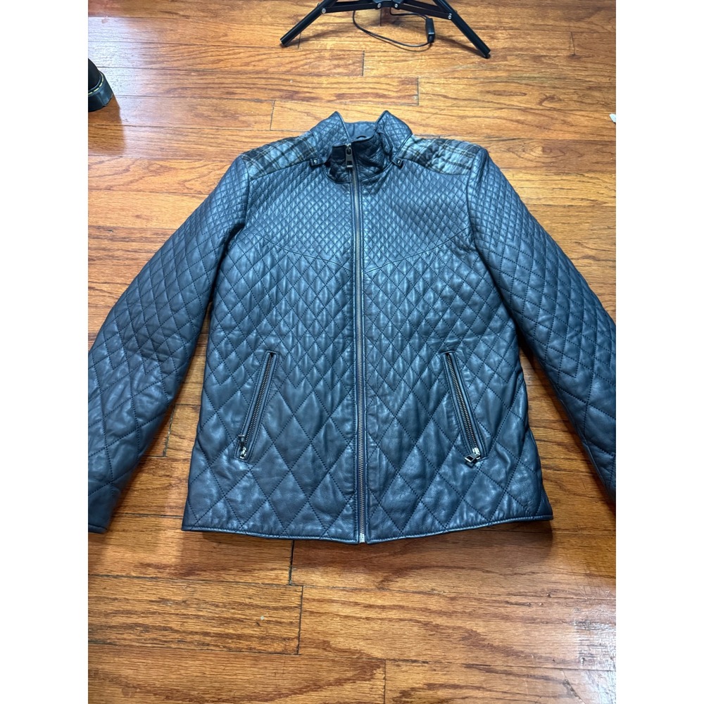 Iparelde Navy Blue Diamond Quilted Leather Moto Jacket Women Medium Turkey